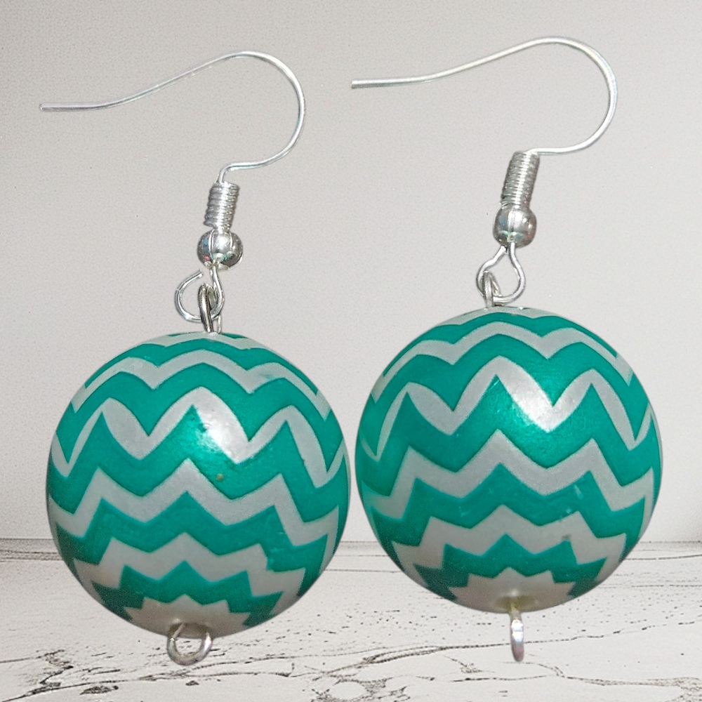 ⭐Handmade Green Chevron Pattern Bubblegum Earrings, Kids & Womens Dangle Jewelry